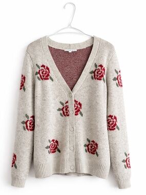 Cleo Oatmeal V Neck Rose Patterned Boxy Cardigan - Size Large Like New